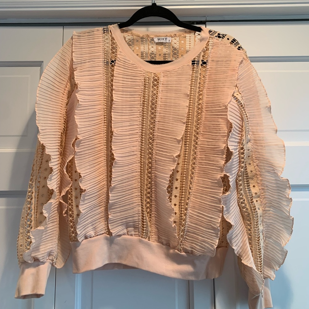 WHY pale pink ruffle eyelet top, size small